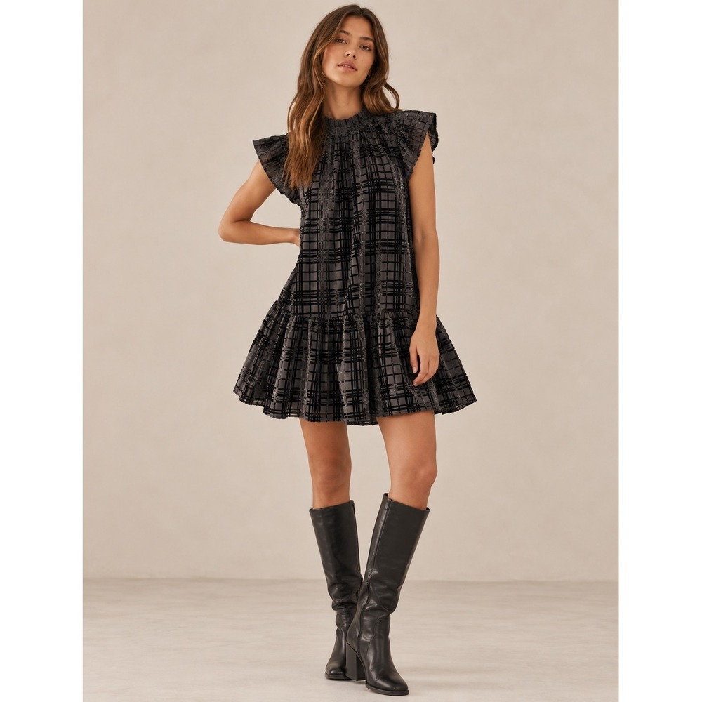 Anthropologie Corey Lynn Calter Mini Dress L Black Plaid Velour Tiered Academia